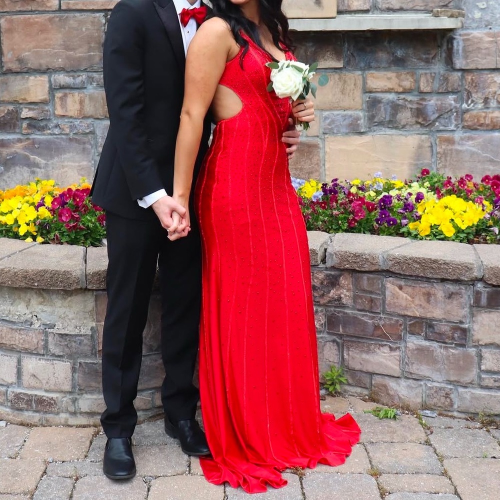 Johnathan Kayne 2868 - Red Crisscross Back Beaded Evening Dress